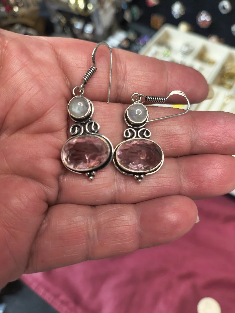 925 Sterling Silver Moonstone Pink Sapphire Earrings Natural Gemstone Dangle